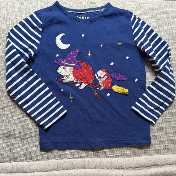 Mini Boden Navy Shirt with Striped Sleeves and Witch Design - Picture 1 of 4